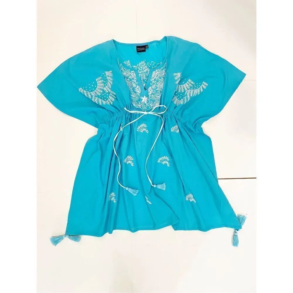Madison Mathews Beach Cover Up Turquoise Blue 100% cotton One Size